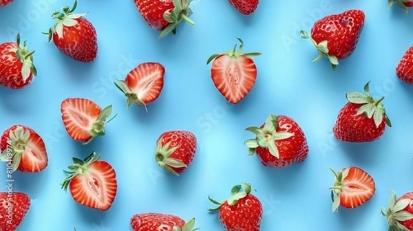 Obraz High-detail shot from above of whole and sliced strawberries arranged in a whimsical pattern on a vivid Stream Blue Calm background