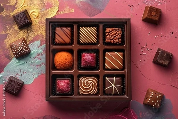 Fototapeta A box of chocolates sits on a pink table