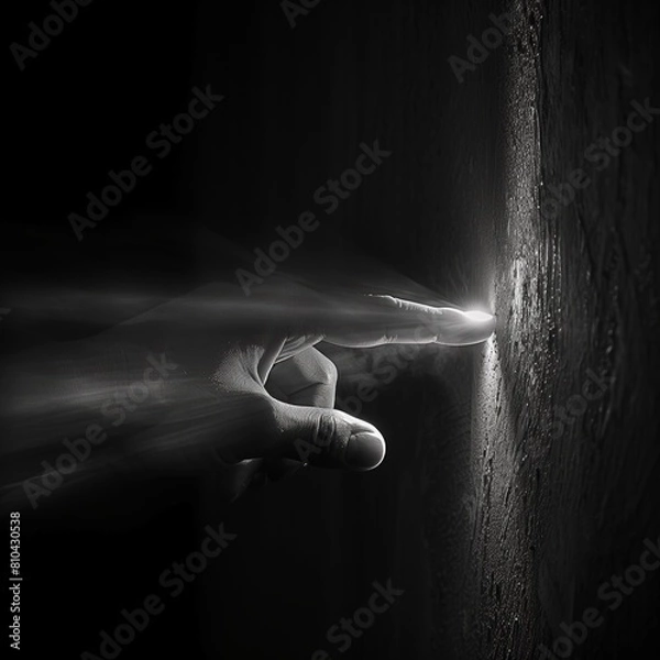 Fototapeta Hand touching the wall where a beam of light comes out.