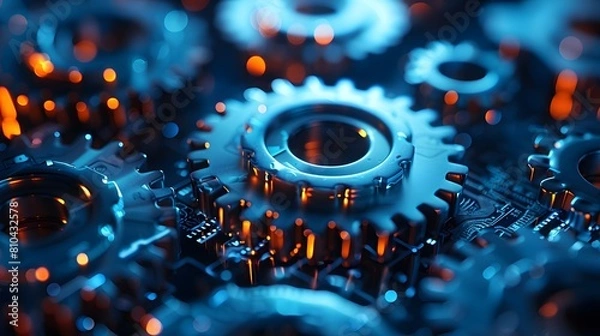 Fototapeta Interconnected gears and cogs in motion, symbolizing the mechanics behind digital marketing strategies.