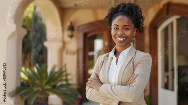 Fototapeta A portrait features a smiling individual standing in front of a luxury house with arms crossed, looking at the camera.