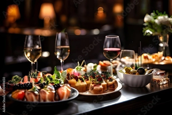 Fototapeta Elegant and select restaurant table Tapas and appetizers, assorted canapés on the bar table Soft light and romantic atmosphere food
