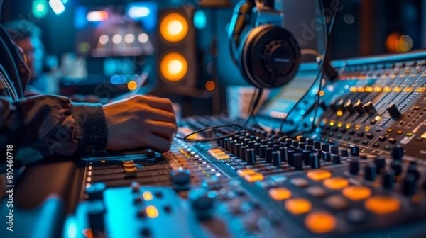 Fototapeta A focused sound engineer in headphones adjusts settings on a sophisticated mixing console in a professional recording studio, sound engineer operating music studio equipment.