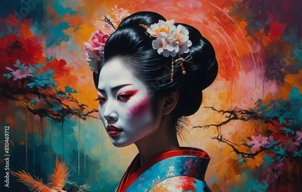 Fototapeta Beautiful Japanese Geisha with white makeup and pink accents wearing a Kimono concerned look on her face background is a vibrant abstract painting