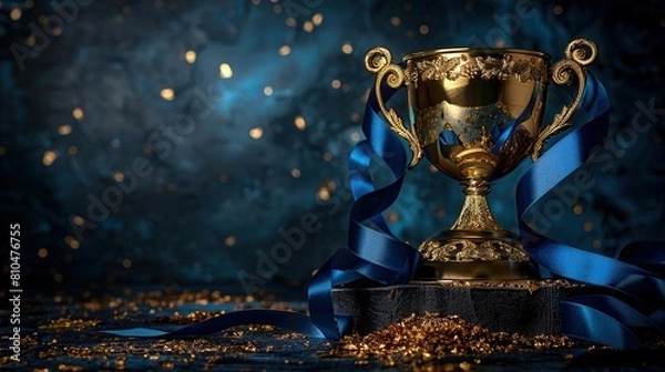 Fototapeta The cup with a shiny golden surface decorated with blue ribbons symbolizes victory and excellence. Generative AI