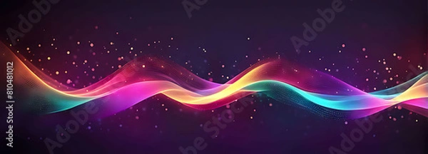 Obraz Digital background for tech, AI, data, audio, graphics. Abstract colorful digital particles wave with bokeh and light background, 3d render wave line dot background, line wave light glowing effect