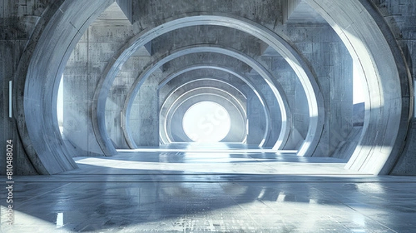 Fototapeta A large, empty, white room with a large, circular window