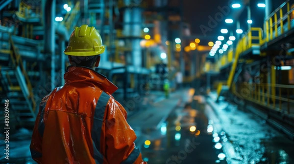 Obraz A worker clad in orange safety raincoat and helmet focused on inspecting a wet industrial facility.