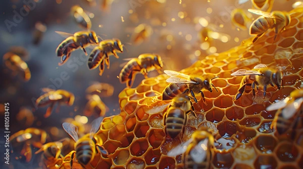 Obraz honey bee on the hive with blurred background