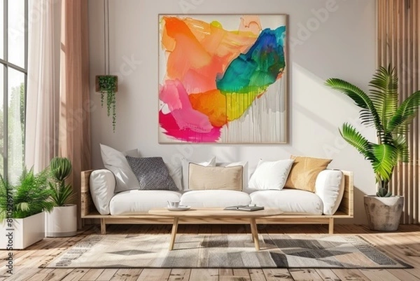 Fototapeta Modern Living Room Interior with Abstract Art, Wooden Picture Frame, Minimalist Decor, Coffee Table, Window View, and House Plant. 3D Illustration of Sofa Setting