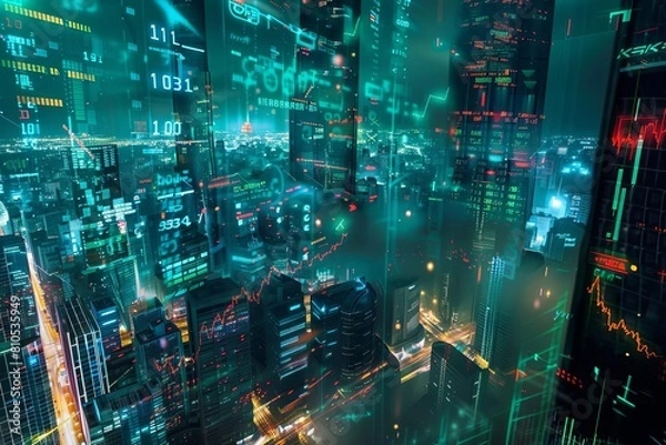 Fototapeta Futuristic cityscape with glowing digital financial graphs