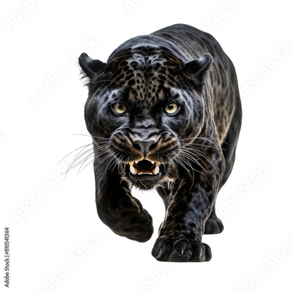 Fototapeta A black panther is walking towards the camera.