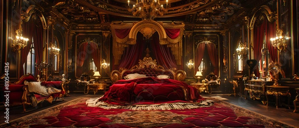 Fototapeta Royal Bedroom in a Classic Castle with Vintage Gold Canopy Bed and Elegant Antique Furnishings, Luxurious Decor