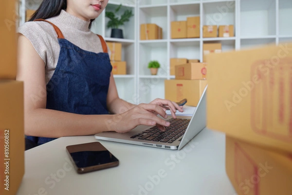Fototapeta Woman entrepreneur working at home office and taking a parcel photo before delivery