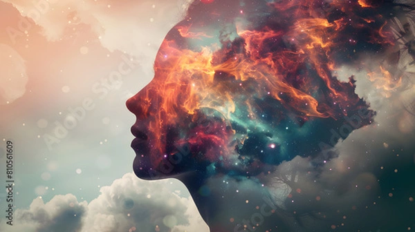 Obraz  beautiful woman enveloped by the captivating allure of a space nebula, transcending earth. beauty of a woman's features enhanced by the vibrant and expressive strokes of a digital paint splash.