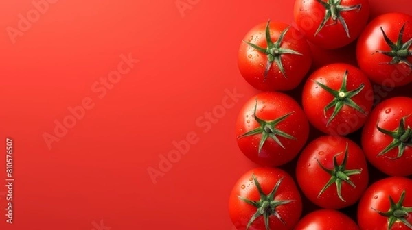 Obraz   A red background showcases a mound of ripe tomatoes, each topped with water droplets