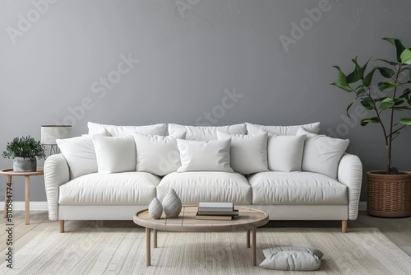 Fototapeta Modern Living Room Interior with White Sofa, Coffee Table, and House Plant Against a Gray Wall Background