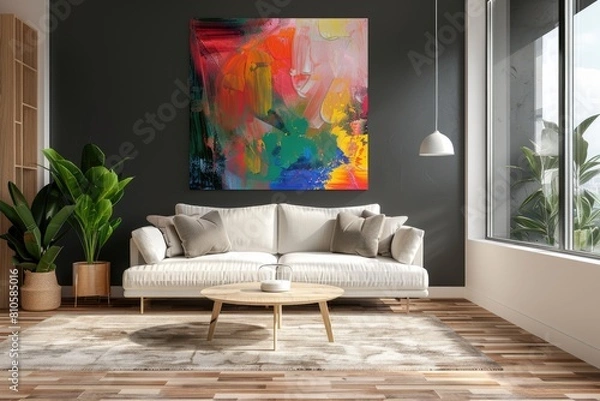 Fototapeta Modern Living Room Interior Design with a Colorful Abstract Painting Displayed on the White Wall. Wooden Furniture, White Sofa, Coffee Table, Window, and Green Plant Decoration