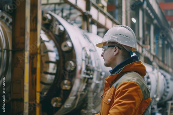 Fototapeta engineer is inspecting work in a factory and wearing a safety helmet