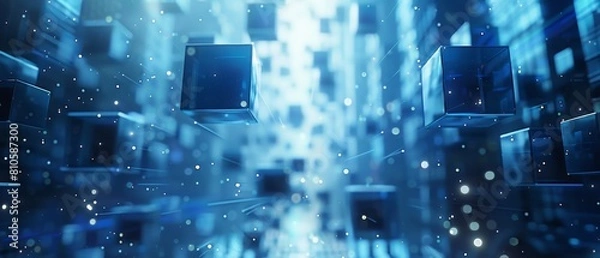 Fototapeta Digital 3D business design, featuring floating blue cubes in a corporate setting