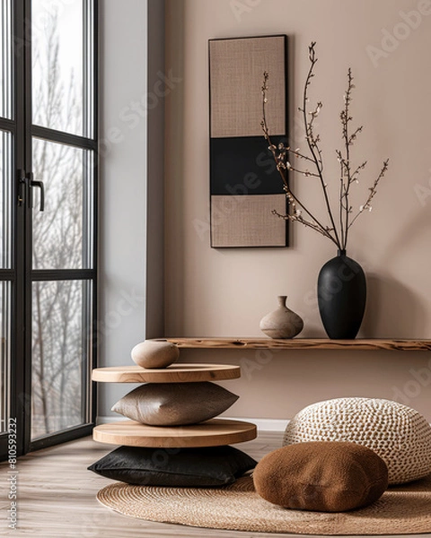 Fototapeta Minimalist zen interior design composition in clean tones with natural elements and window lighting. Relaxing serene interiors, meditation spaces.