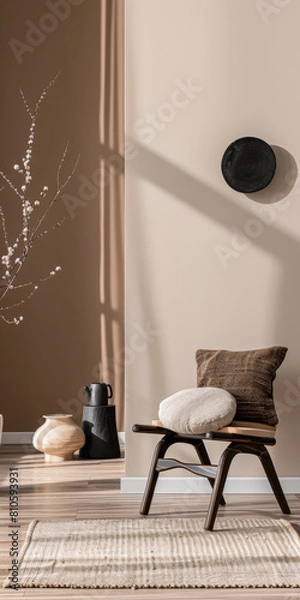 Fototapeta Minimalist zen interior design composition in clean tones with natural elements and window lighting. Relaxing serene interiors, meditation spaces.