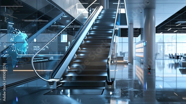 Obraz Modern gadgets line the reflective staircase in a tech-focused open-plan office.