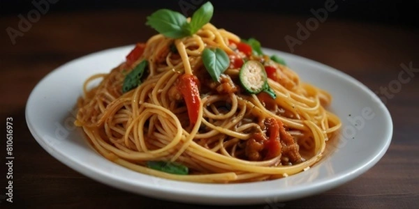 Obraz spaghetti with tomato sauce and basil
