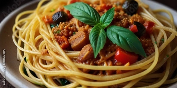 Obraz spaghetti with tomato sauce and basil