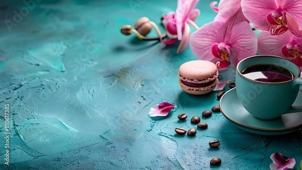 Fototapeta Pink Orchid Coffee Macaroon on Pastel Background: Perfect for Valentine's Day or Women's Day. Concept Valentine's Day, Women's Day, Pink Orchid, Coffee Macaroon, Pastel Background