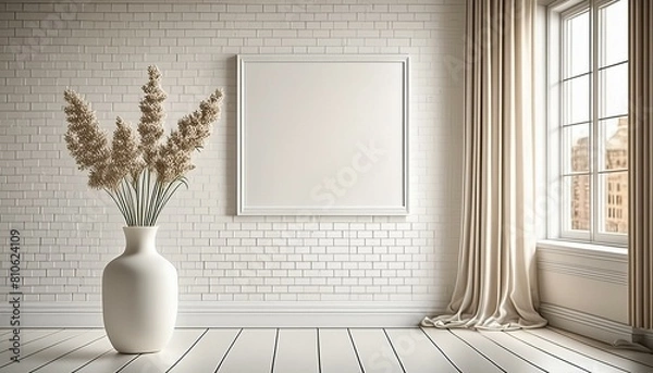Fototapeta 白い部屋レンガの壁　ポスターのモックアップ
