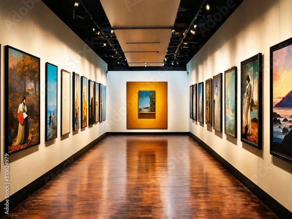 Fototapeta A billboard wall of art posters and framed portraits by various painters on a white wall in a museum on a wall that goes for infinity, horizon at the top of the image, digital art, 8k hdr