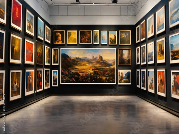 Fototapeta A billboard wall of art posters and framed portraits by various painters on a white wall in a museum on a wall that goes for infinity, horizon at the top of the image, digital art, 8k hdr