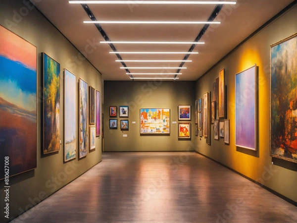 Obraz A billboard wall of art posters and framed portraits by various painters on a white wall in a museum on a wall that goes for infinity, horizon at the top of the image, digital art, 8k hdr