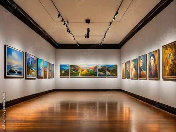Fototapeta A billboard wall of art posters and framed portraits by various painters on a white wall in a museum on a wall that goes for infinity, horizon at the top of the image, digital art, 8k hdr