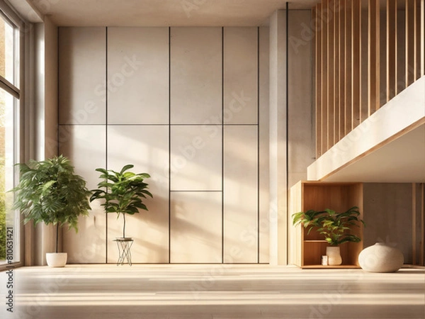 Obraz Wooden bench against grey wall and staircase. Scandinavian, rustic farmhouse interior design of modern entryway.