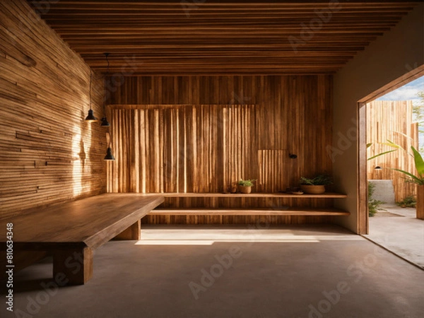 Obraz Wooden bench against grey wall and staircase. Scandinavian, rustic farmhouse interior design of modern entryway.