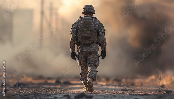 Obraz Silhouettes of soldiers saluting on background of sunset or sunrise and USA flag. Greeting card for Veterans Day, Memorial Day, Independence Day