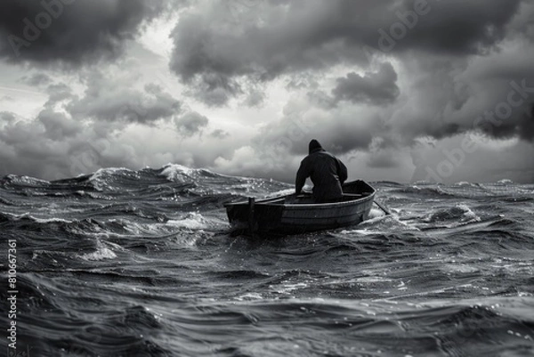 Fototapeta A man is rowing a boat in the ocean