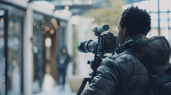 Fototapeta A videographer using a professional camera on a tripod in a bustling indoor setting with ambient lighting