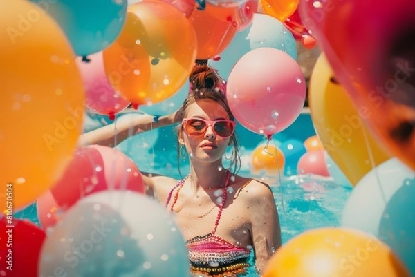Fototapeta This summer-saturated photo captures a woman surrounded by balloons at a pool party, encapsulating the spirit of vacation, enjoyment, and vibrant cocktail festivities