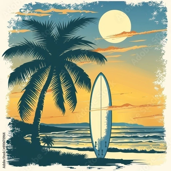 Fototapeta The image shows a surfboard standing on the beach with palm trees and the ocean in the background