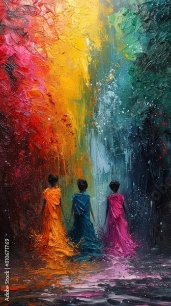 Fototapeta The painting shows three women walking in a colorful forest