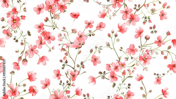 Fototapeta seamless pattern displays lush array vibrant pink flowers intertwined delicate greenery set against crisp white background lively romantic design fashion fabrics, wallpaper, and elegant home decor.
