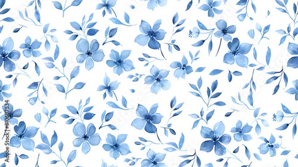 Fototapeta seamless pattern freshness spring soft watercolor blue flowers foliage distributed elegantly across white background textiles, wallpapers spring-themed decor that seeks a gentle airy aesthetic.