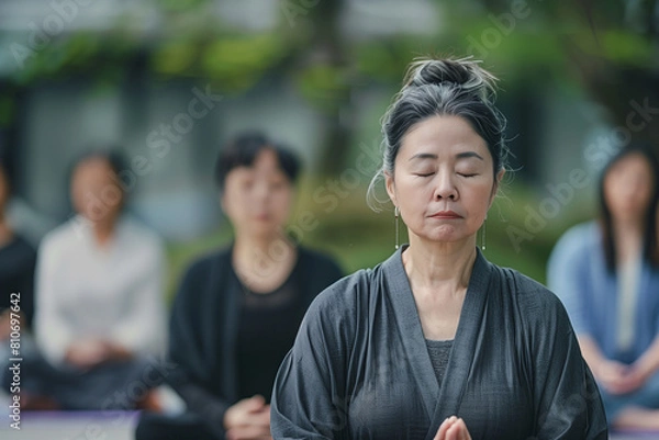 Obraz マインドフルネス瞑想者： マインドフルネス瞑想をしているアジア人。人々の表情は集中しており、今この瞬間を意識していることが伝わってくる。