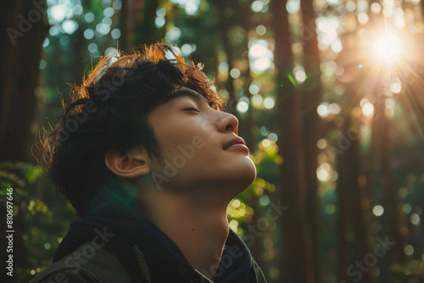 Fototapeta 森の中で深呼吸する人：森の中で深呼吸する人。その表情は穏やかで、自然と一体化しているような雰囲気を醸し出している。
