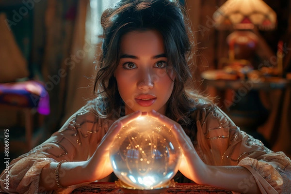 Fototapeta 水晶玉を見つめる占い師： 薄暗い部屋で水晶玉を見つめる占い師。占い師の顔に神秘的な表情が浮かぶ。