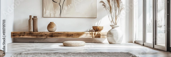 Obraz Minimalist interior design composition in a bright room with Scandinavian and zen decor. Home interiors in a luxurious style.
