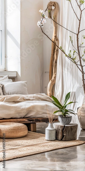 Obraz Minimalist interior design composition in a bright room with Scandinavian and zen decor. Home interiors in a luxurious style.